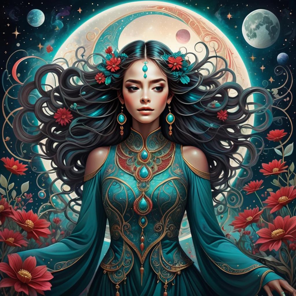 Mystical Woman in Teal and Gold Dress with Cosmic Background Digital Art