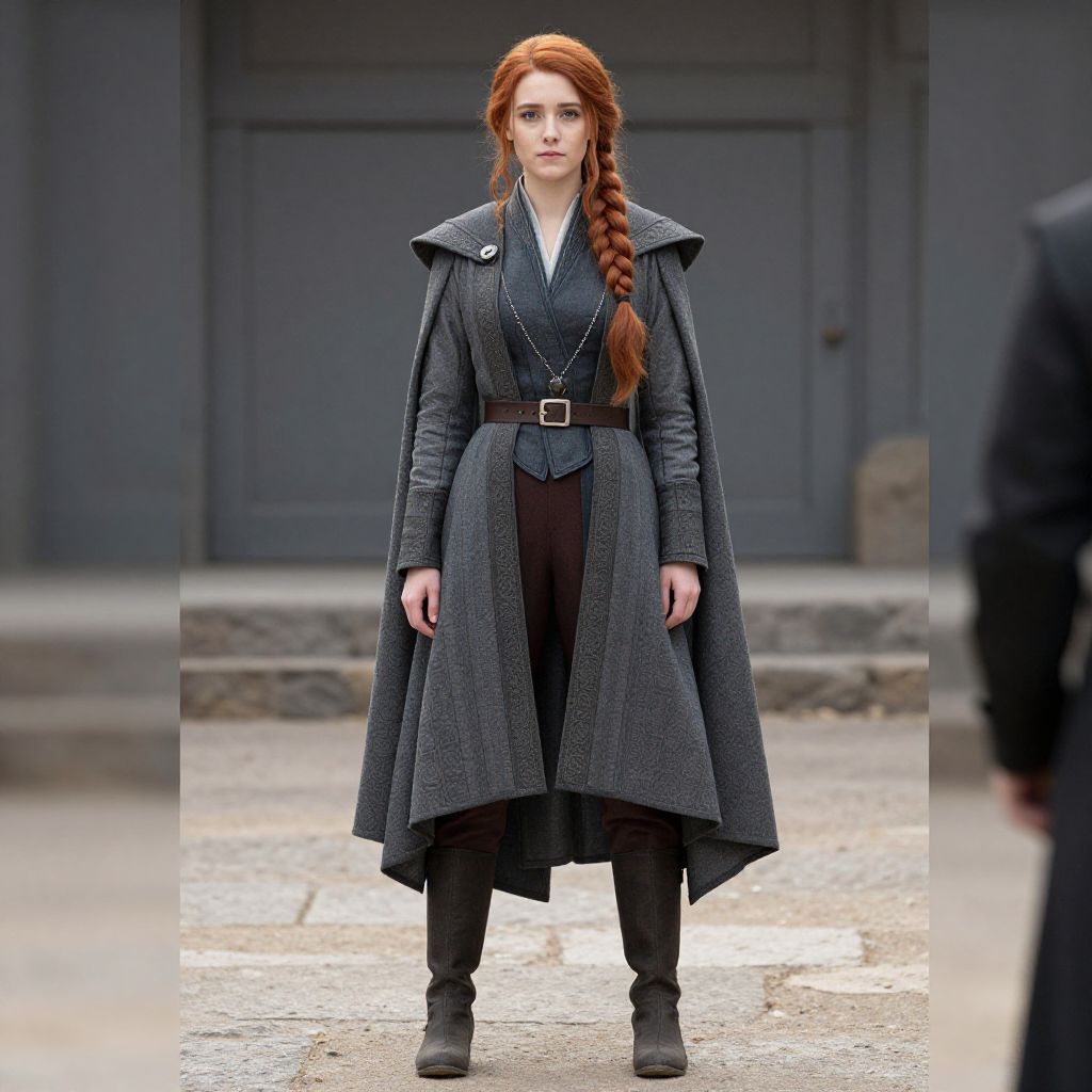 Woman in Medieval-inspired Grey Cloak with Braided Red Hair