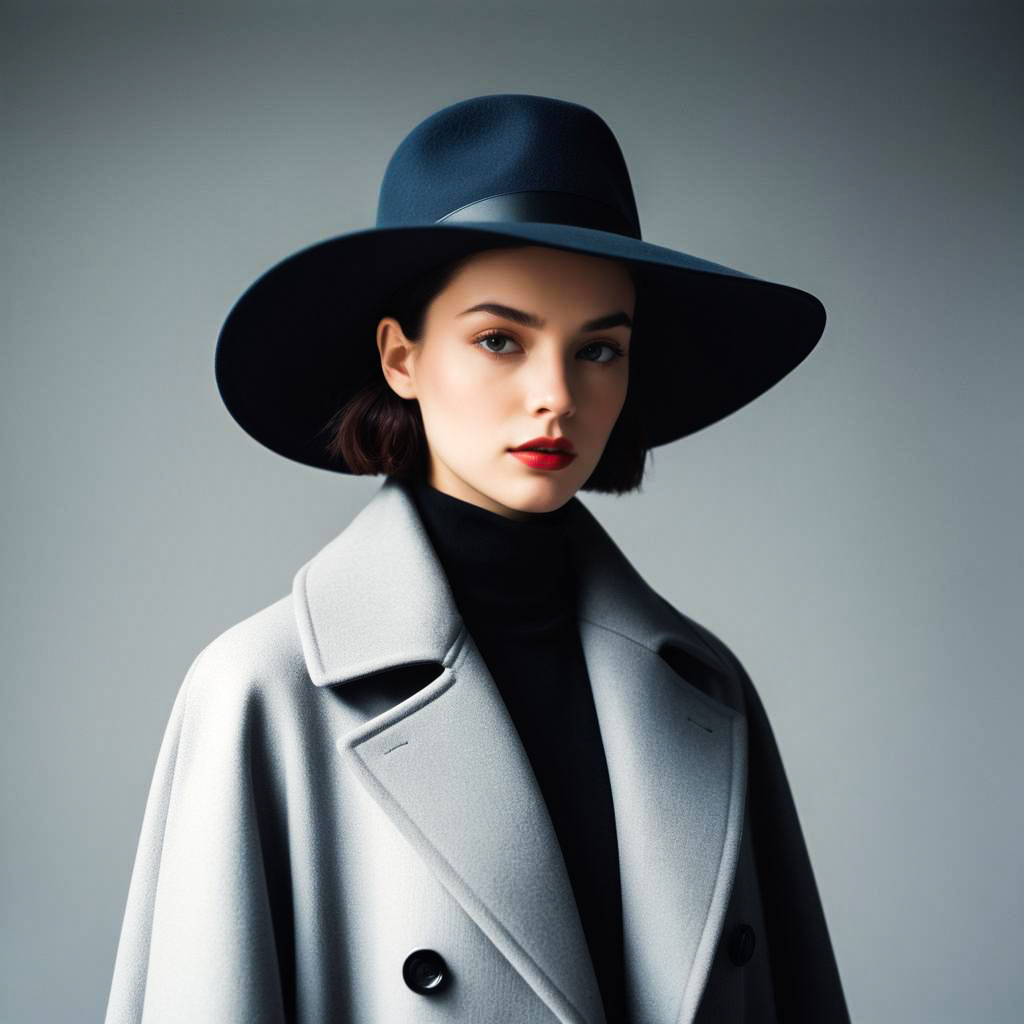 Elegant Woman in Gray Overcoat and Blue Hat