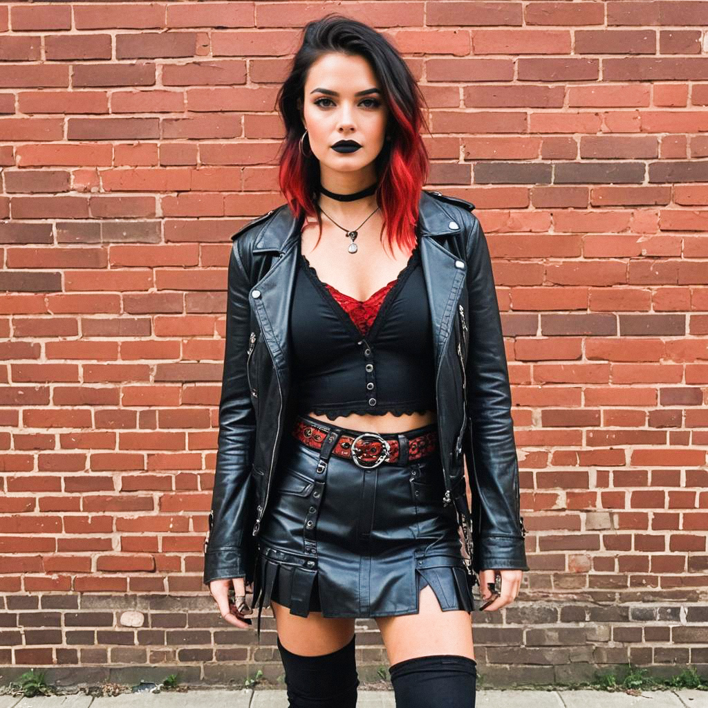 Confident young woman in edgy fashion against brick wall Confident young woman in edgy fashion against brick wall