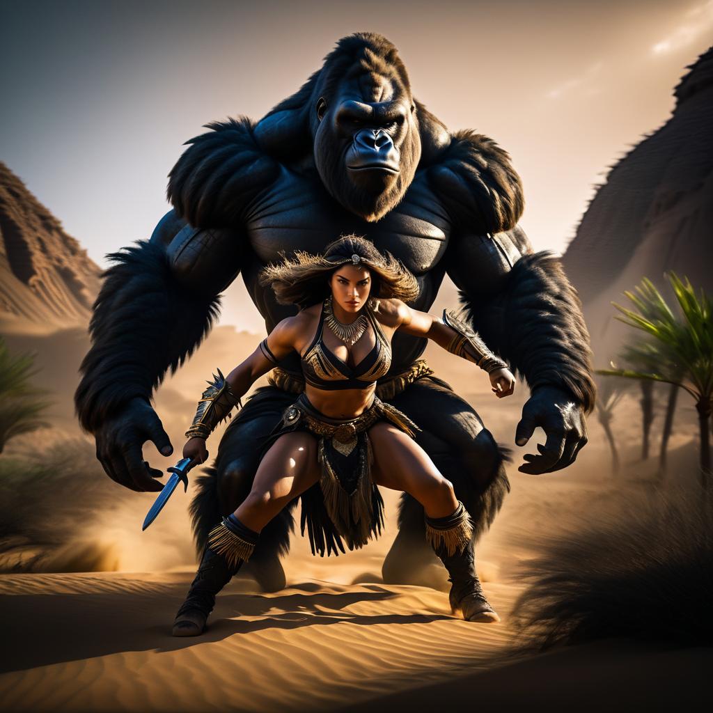 Defiant Woman vs. Massive Gorilla in Desert