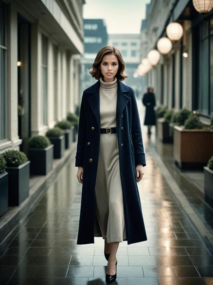 Elegant Woman in Trench Coat in Modern Walkway