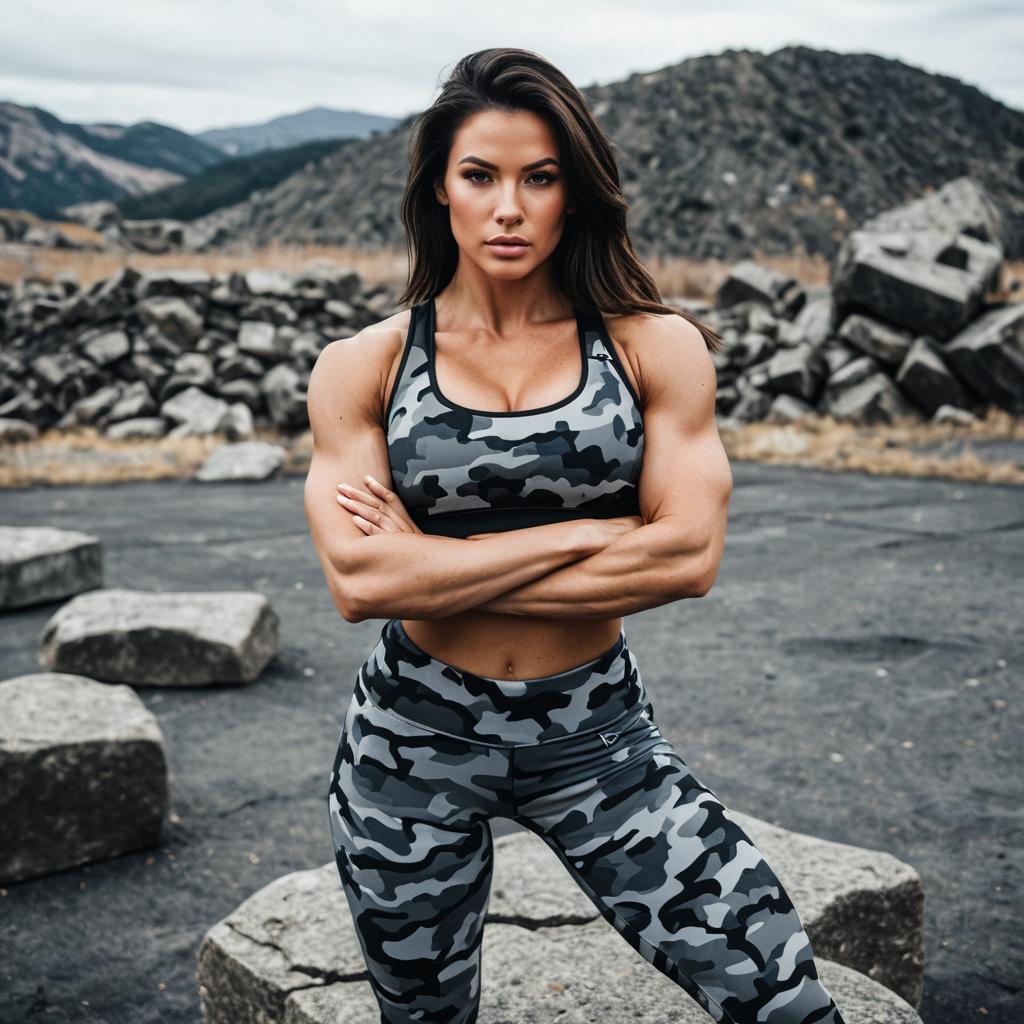 Muscular Woman in Gray Camouflage Activewear Outdoors