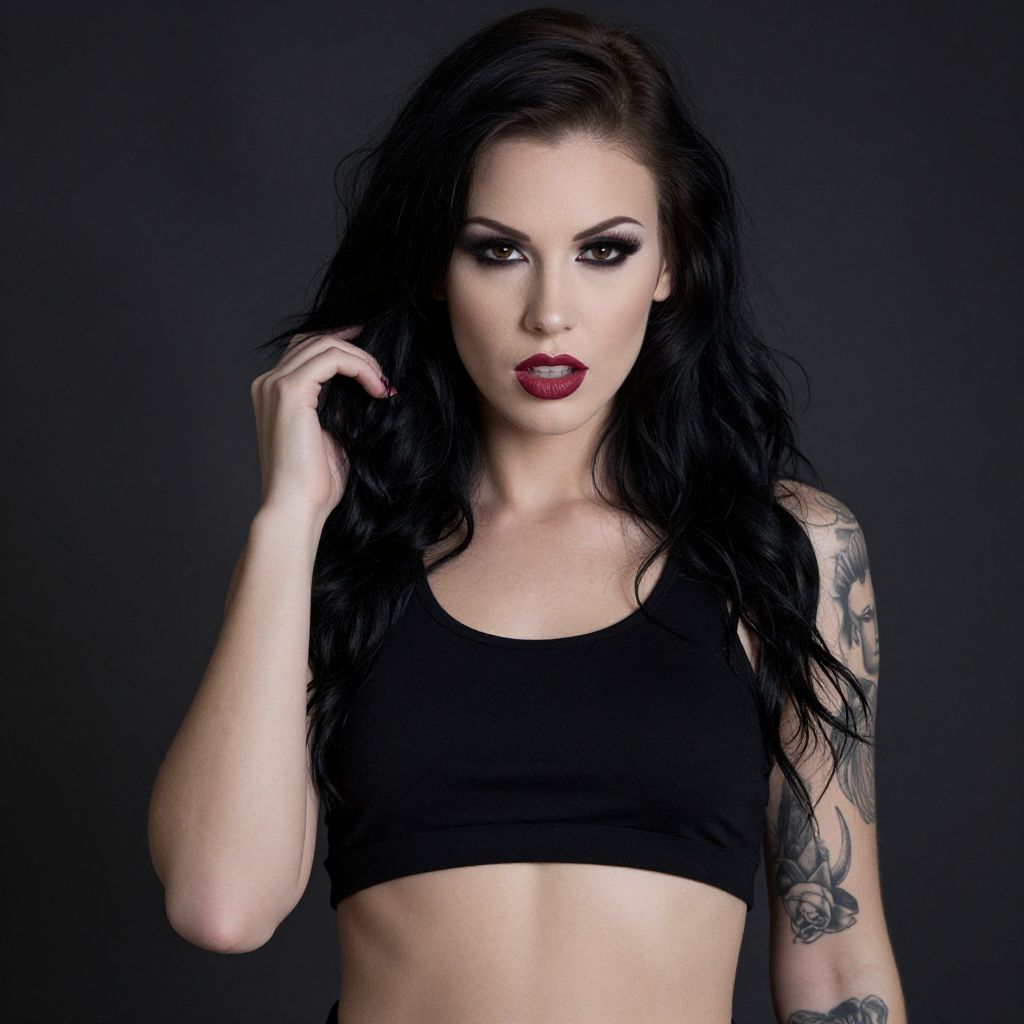 Confident Woman with Tattoo and Bold Makeup Wearing Black Crop Top