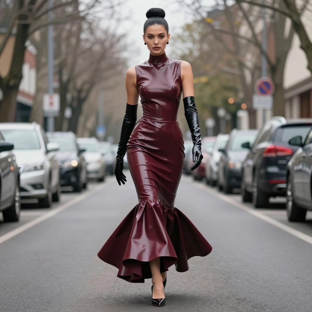 Woman in Glossy Maroon Latex Mermaid Dress with Black Gloves Street Style