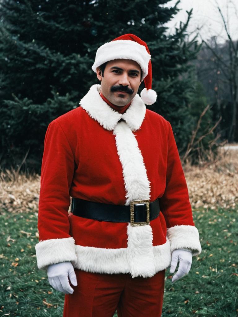 Man Wearing Classic Santa Coat Costume with Hat Outdoors