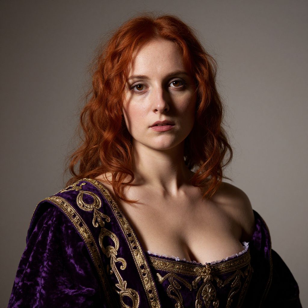 Red-Haired Woman in Renaissance Style Purple Velvet Dress Portrait