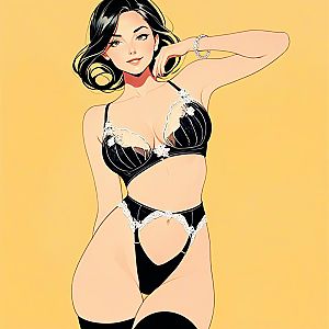 Stylized anime woman in black lingerie