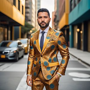 Stylish Man in Gold and Blue Suit on City Street