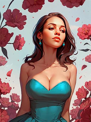 Digital Illustration of Woman in Teal Dress with Pink Flowers