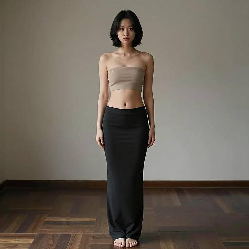 Minimalist Fashion Portrait of Young Woman in Tube Top and Long Skirt