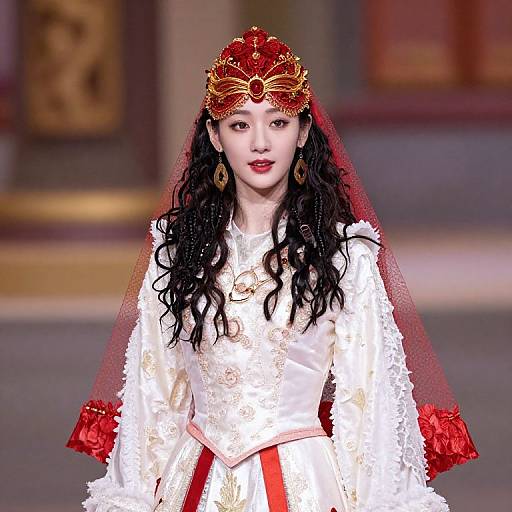 Woman in Traditional Embroidered Dress with Red and Gold Headpiece