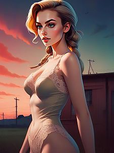 Woman with Blue Eyes in Lace Lingerie at Sunset