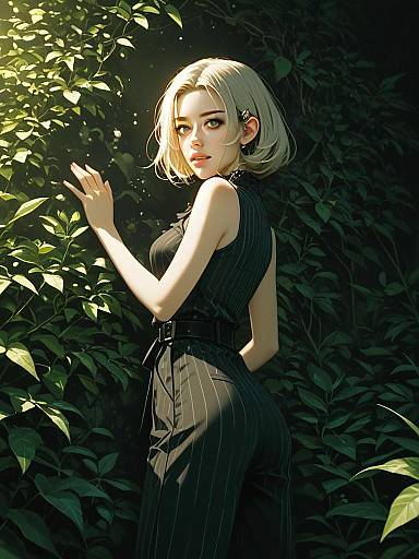 Stylish Blonde Woman in Pinstriped Outfit Among Green Foliage Digital Illustration