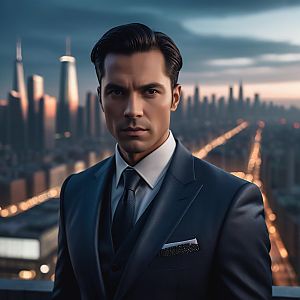 Confident Man in Navy Suit Against City Skyline