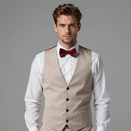 Stylish Man in Beige Vest and Red Bow Tie Formal Attire