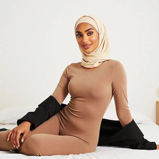 Elegant Woman in Beige Outfit and Hijab Sitting on Bed