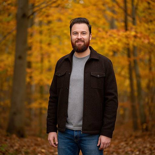 Smiling Man in Dark Jacket Enjoying Autumn Forest