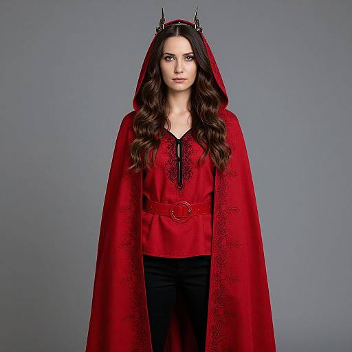 Woman in Red Hooded Cloak with Embroidery Standing Against Grey Background