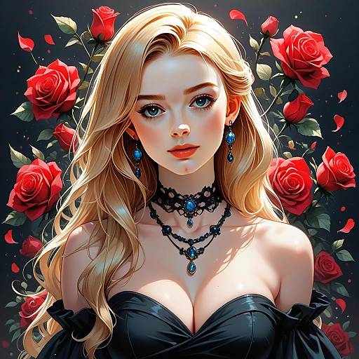 Blonde Woman with Blue Jewelry and Red Roses Digital Illustration