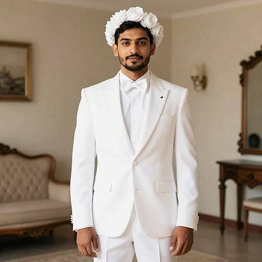 Elegant Man in White Wedding Suit with Floral Headdress