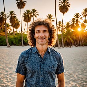 Smiling Man on Tropical Beach at Sunset