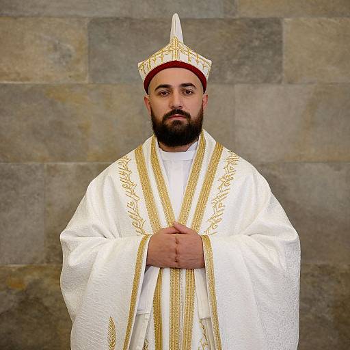Man in Traditional White and Gold Ceremonial Robes with Hat