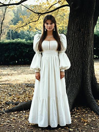 Woman in Long White Dress with Puffed Sleeves Standing in Autumn Forest