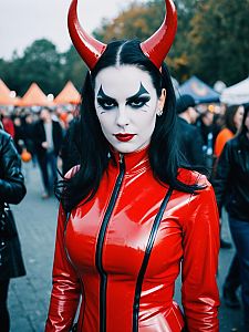 Woman in Red Latex Devil Costume at Halloween Festival
