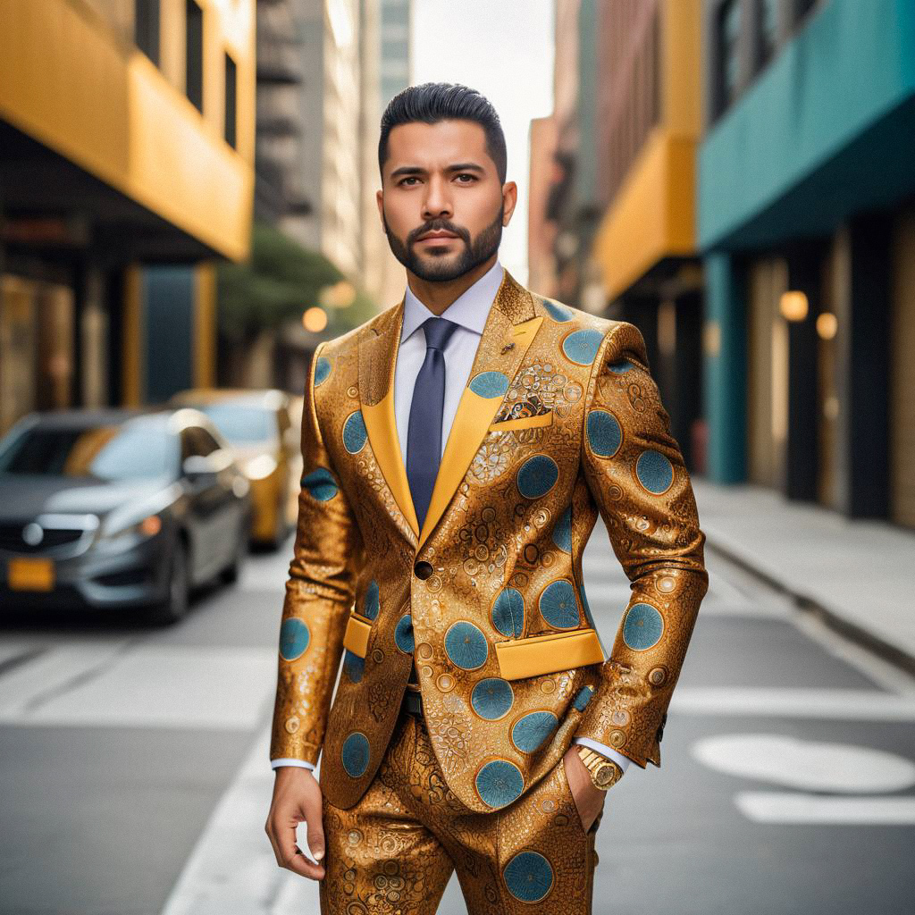 Stylish Man in Gold and Blue Suit on City Street