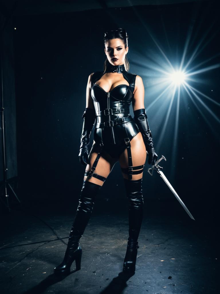 Woman in Dominatrix Costume Full Body Studio Cosplay Photo with Sword