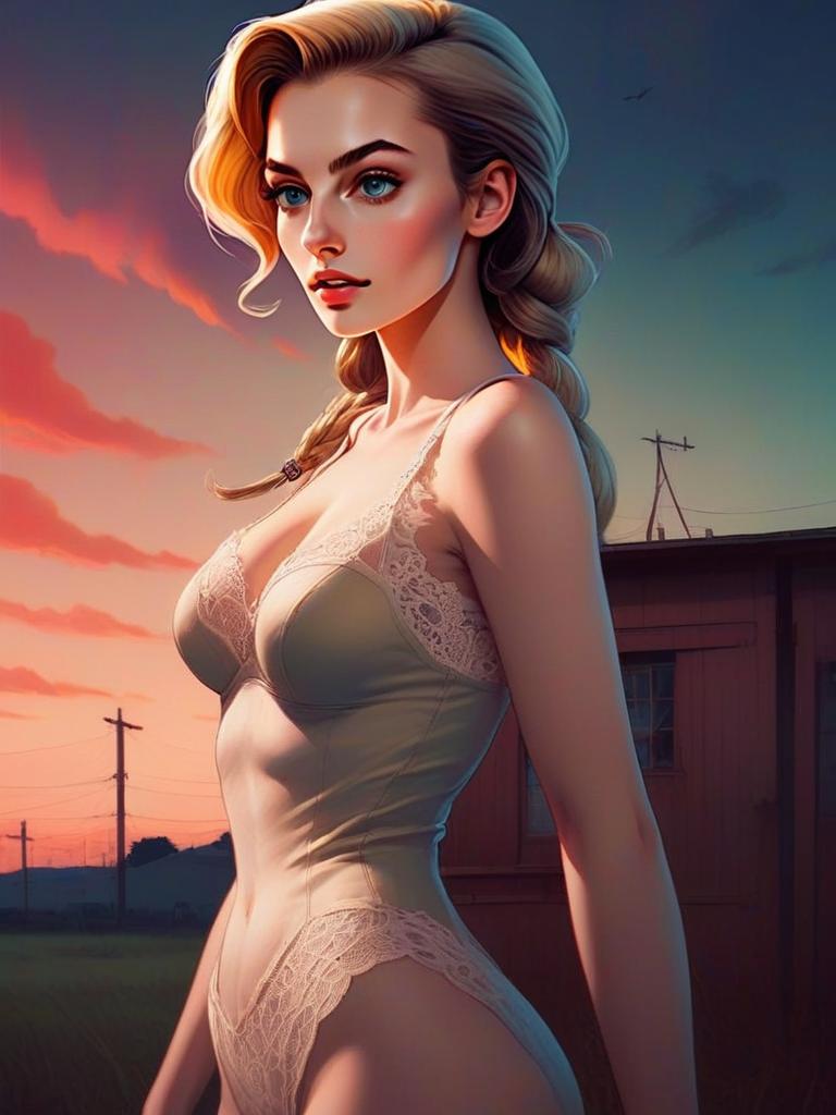 Woman with Blue Eyes in Lace Lingerie at Sunset