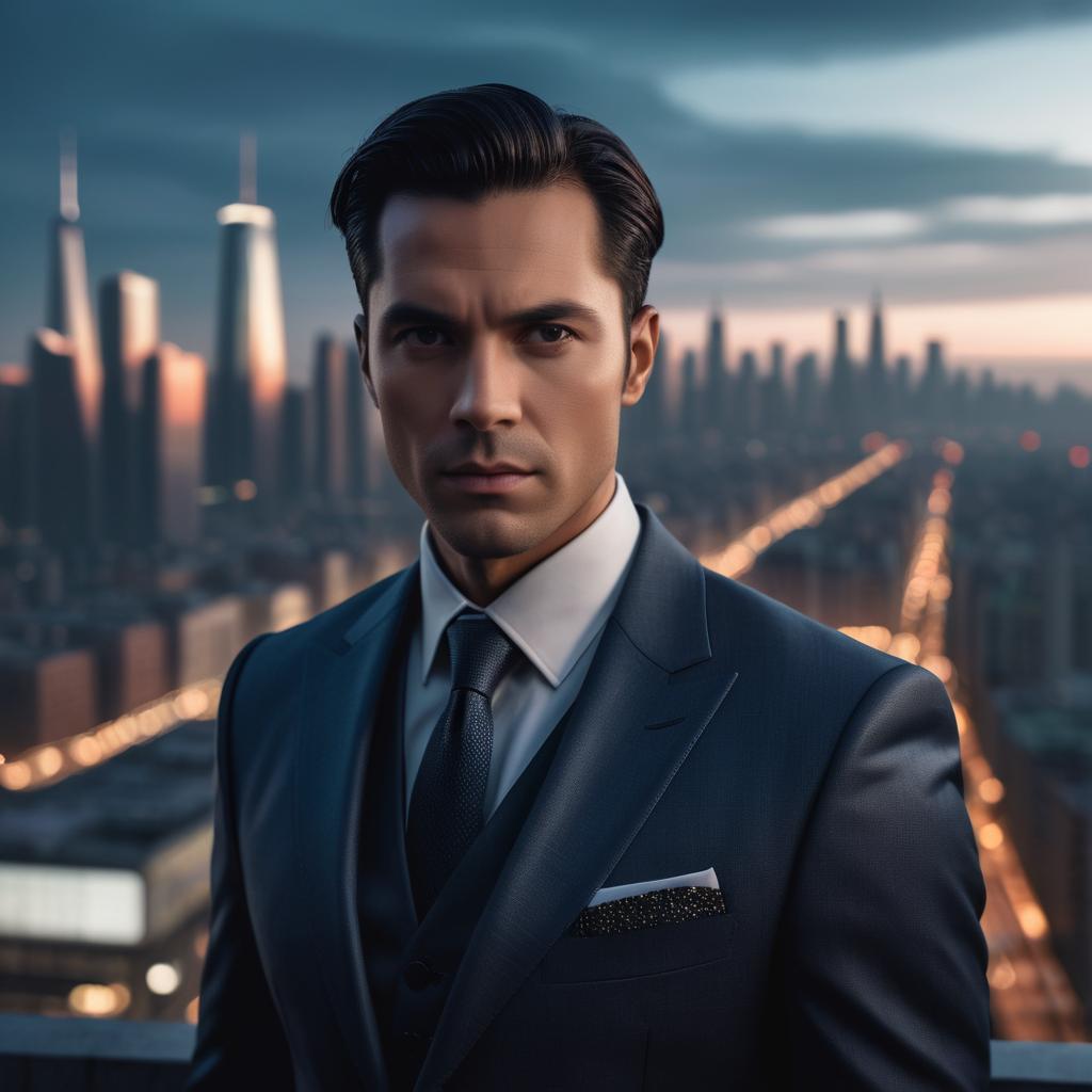 Confident Man in Navy Suit Against City Skyline Confident Man in Navy Suit Against City Skyline