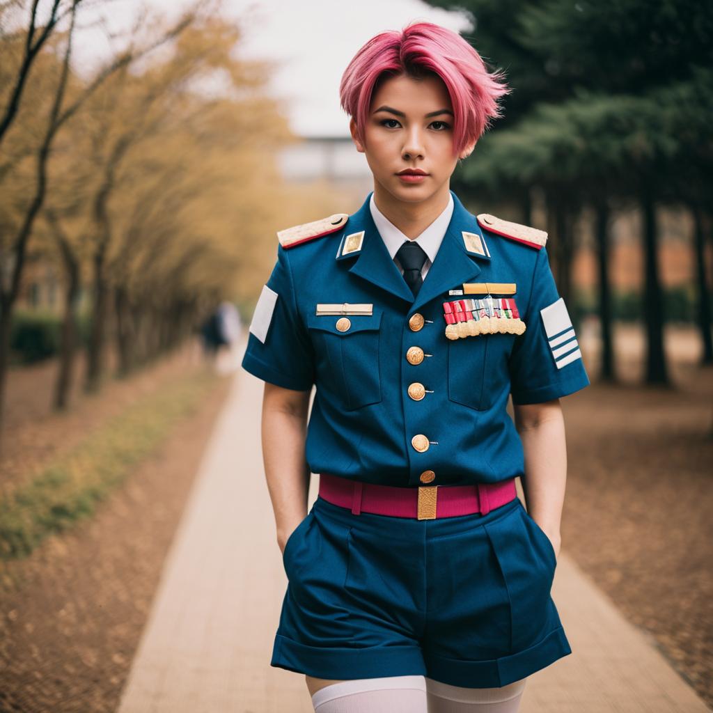 Young Woman in Blue Military-Style Uniform with Pink Hair Outdoors