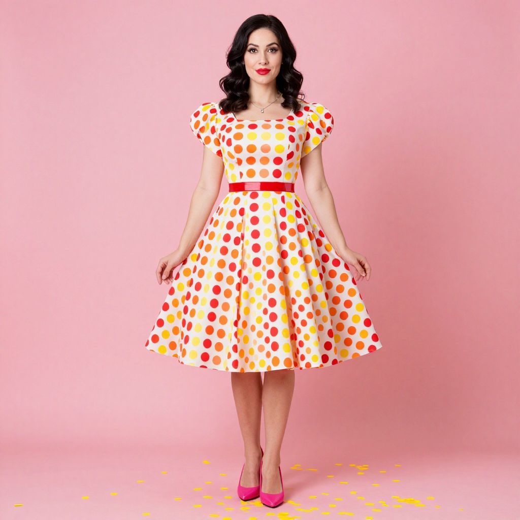 1950s Retro Polka Dot Dress Woman Fashion Vintage Style