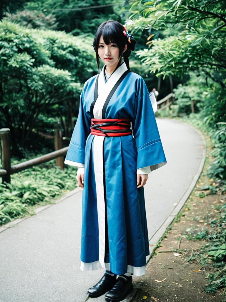 Elegant Woman in Traditional Blue Kimono in Garden Path