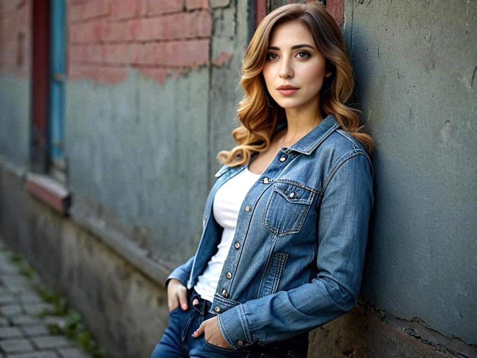 Stylish Woman in Denim Jacket Against Urban Wall