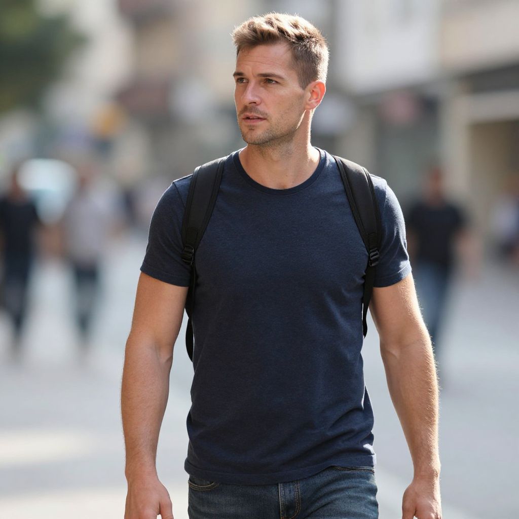 Young Man Walking in City with Backpack Casual Urban Lifestyle