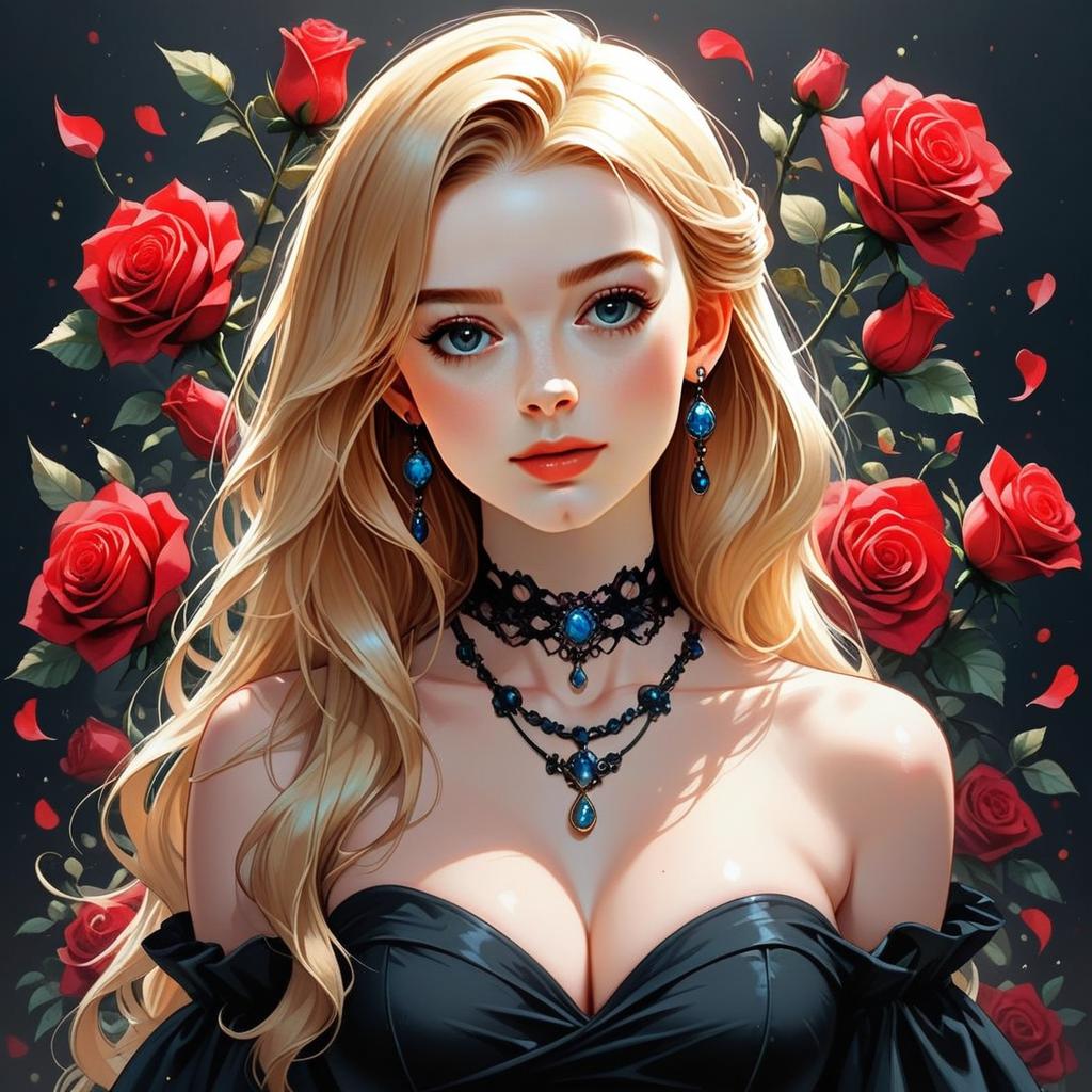 Blonde Woman with Blue Jewelry and Red Roses Digital Illustration