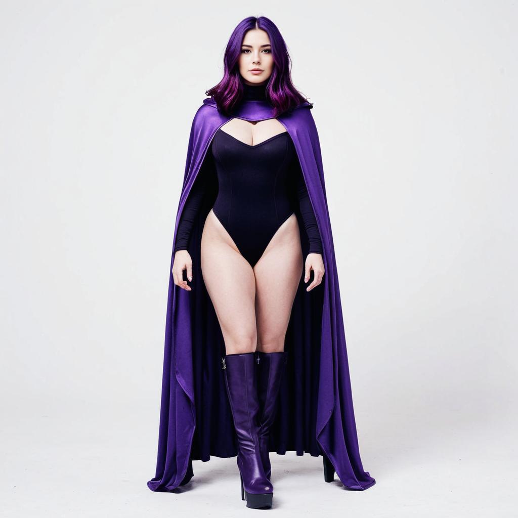 Woman in Black Bodysuit with Purple Cape and Boots - Superhero Fashion Portrait