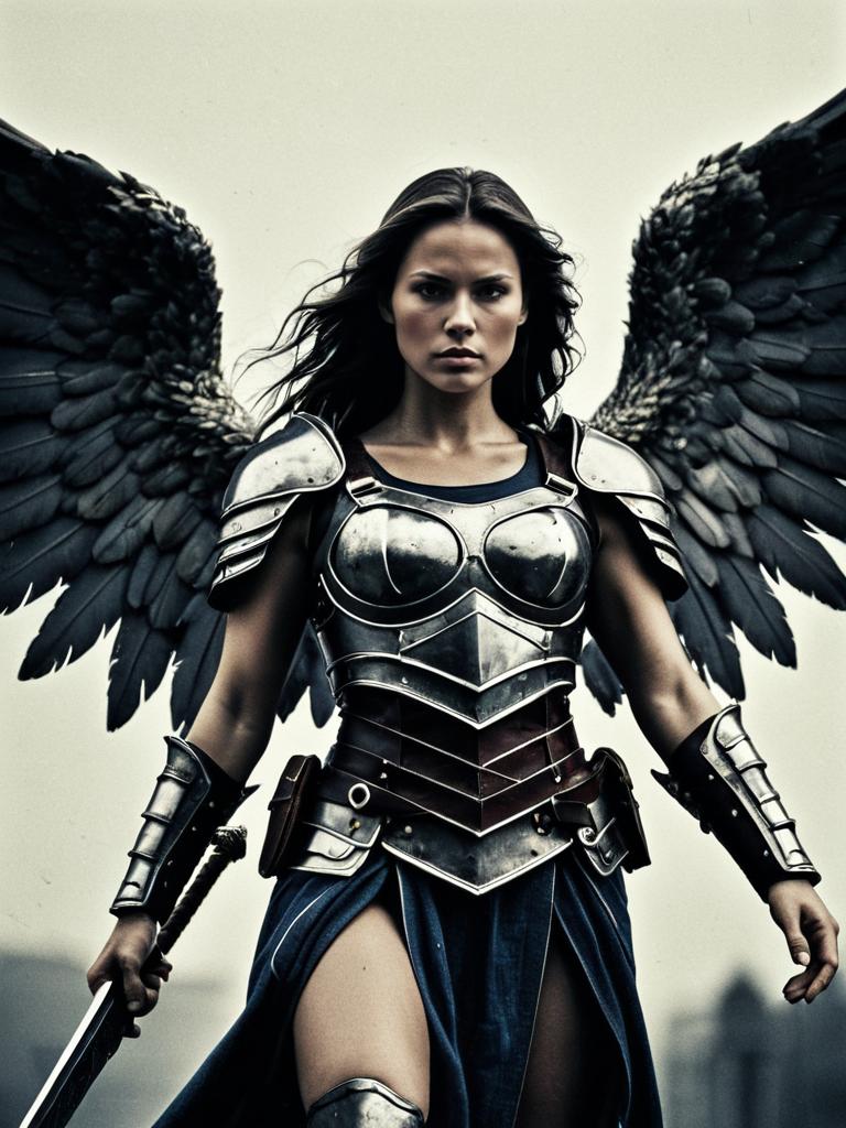 Female Warrior Angel with Armor and Black Wings