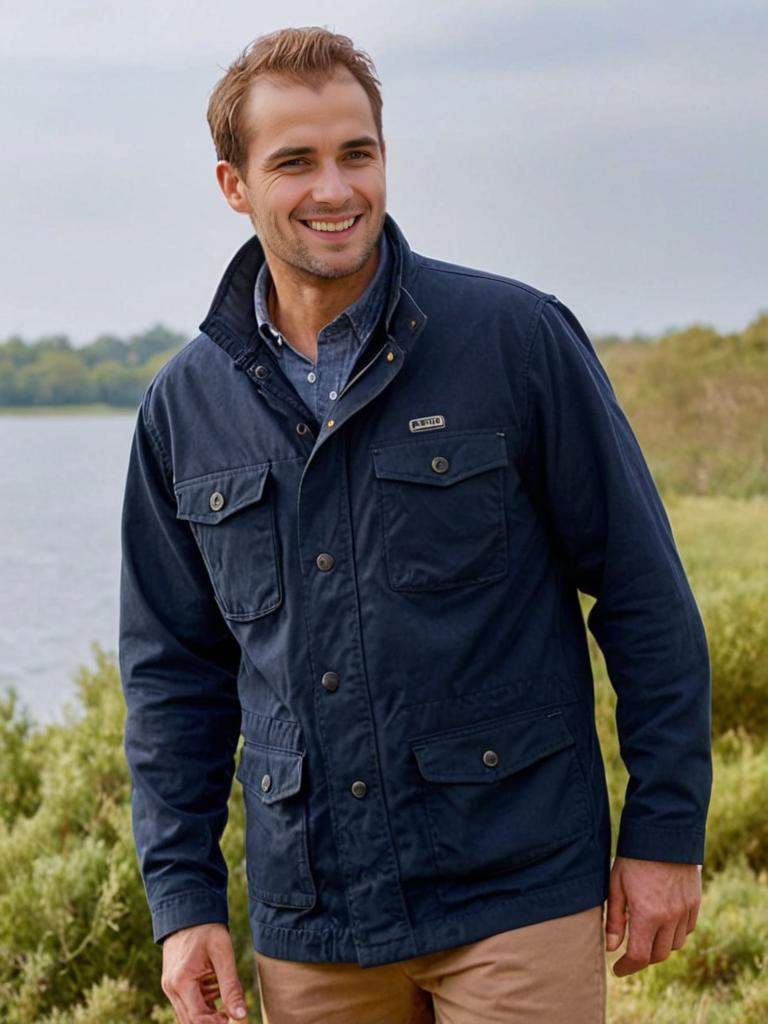 Smiling Man in Stylish Navy Jacket Outdoors