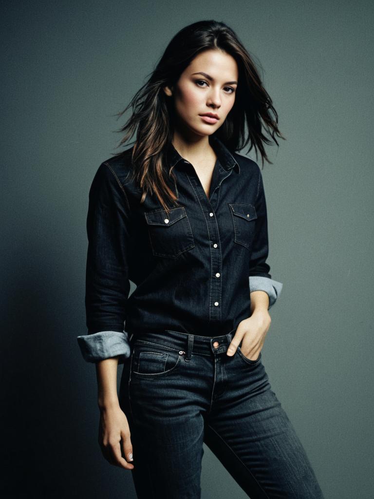 Woman in Black Jeans and Denim Shirt Fashion Portrait