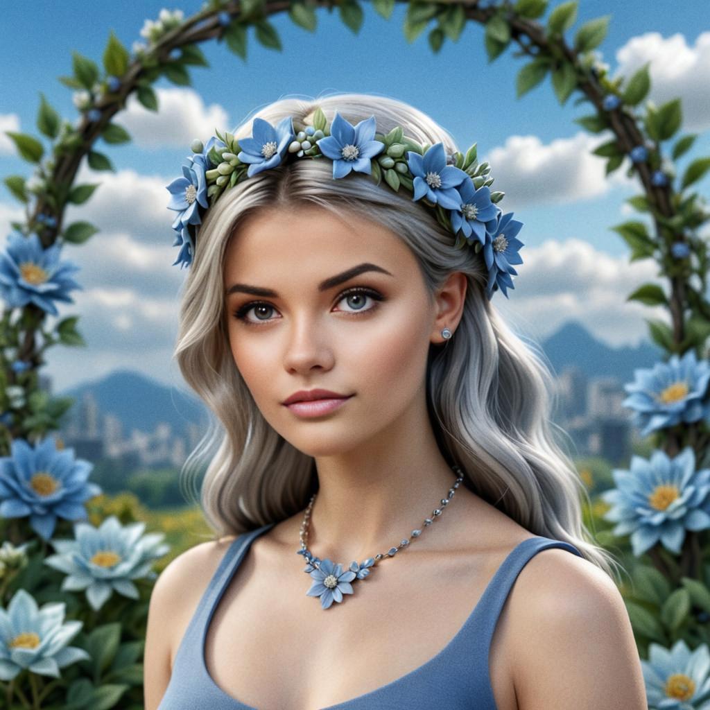 Woman with Silver Hair and Floral Crown in Nature