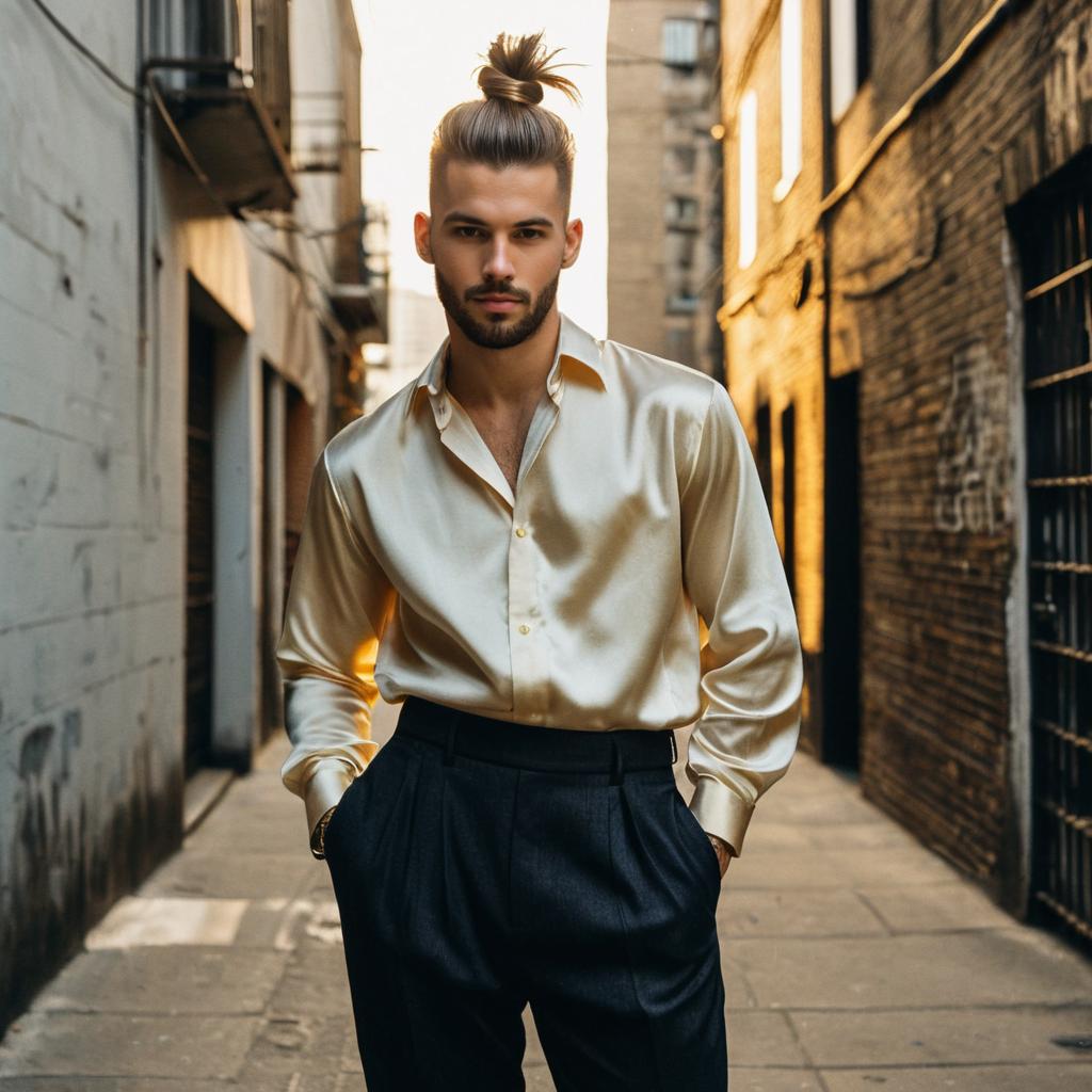 Stylish Man in Silky Shirt with Man Bun Urban Street Style Portrait