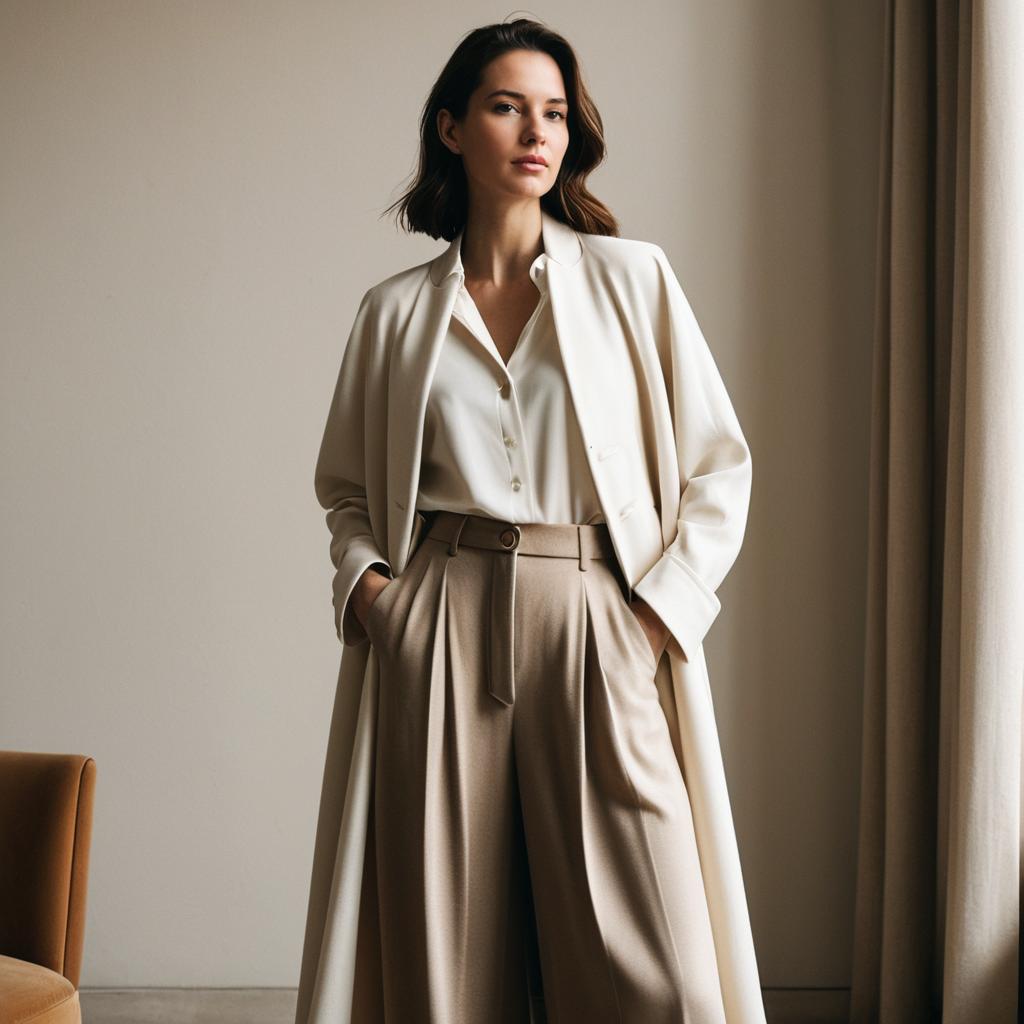 Confident Woman Wearing Cream Long Coat and Beige Wide-Leg Pants in Minimalist Setting