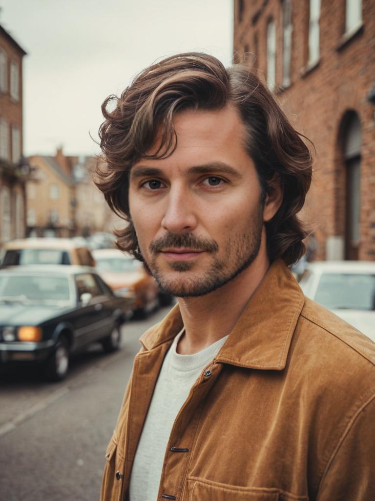 Confident Man with 70s Hairstyle on City Street