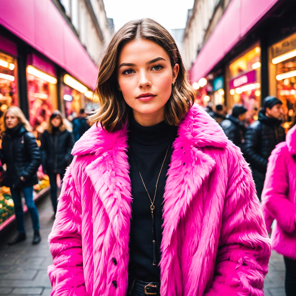 Stylish Woman in Pink Faux Fur Coat at Vibrant Market