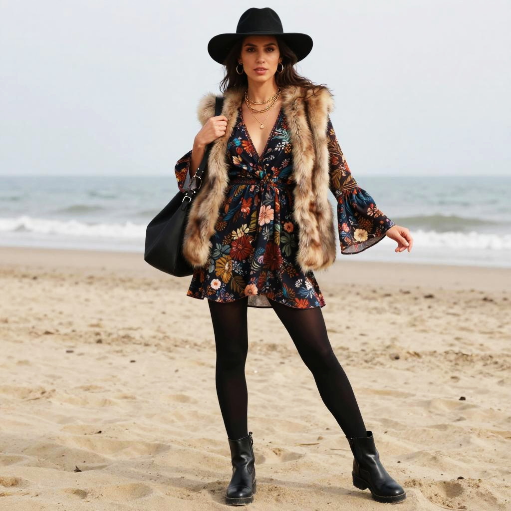 Slim Woman in Boho Chic Floral Print Mini Dress on Beach with Fur Vest and Black Hat