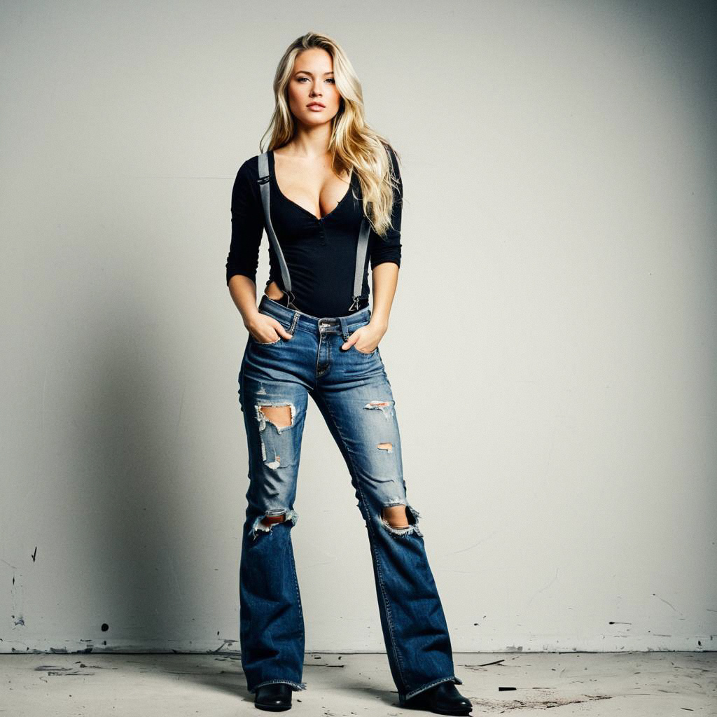Confident woman in black top and distressed jeans Confident woman in black top and distressed jeans